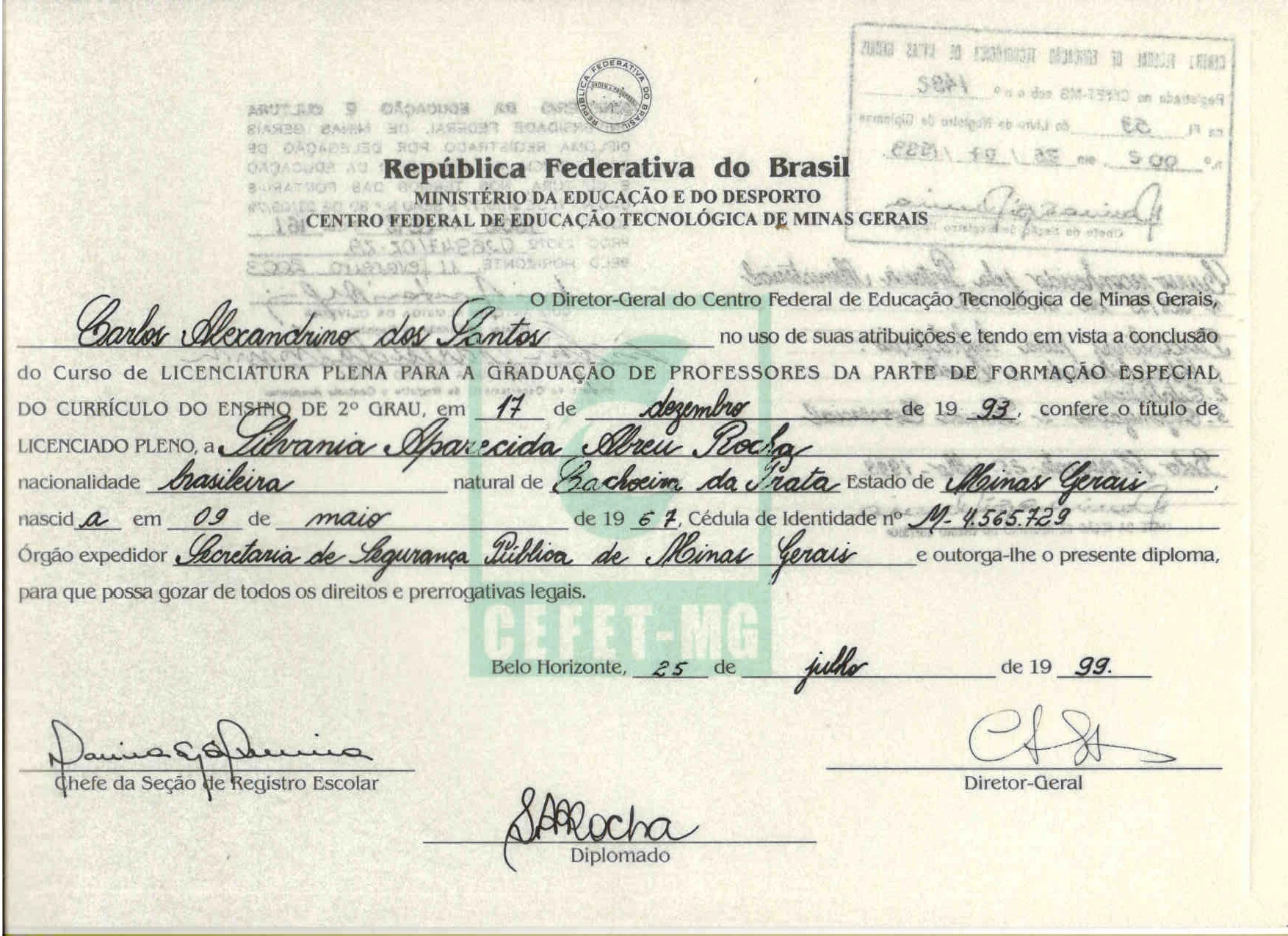 Certificado CEFET MG 1999 - Licenciatura Plena em Contabilidade de Custos, Contabilidade Geral e Estatística nível Pós Graduação